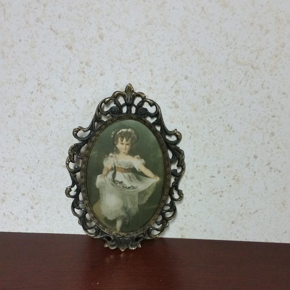 Vintage Brass Oval Frame with Young Girl Portrait